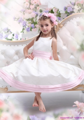 White Scoop Little Girl Pageant Dress with Light Pink Bowknot