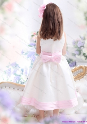 White Scoop Little Girl Pageant Dress with Light Pink Bowknot