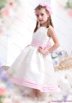 White Scoop Little Girl Pageant Dress with Light Pink Bowknot