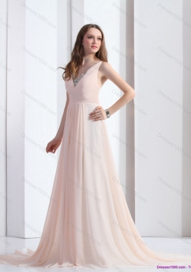 2015 Brush Train Long Prom Dresses with Beading and Ruching