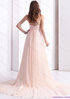 2015 Brush Train Long Prom Dresses with Beading and Ruching