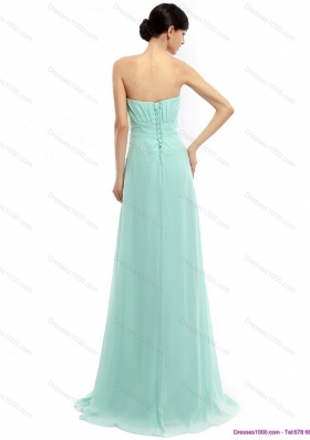 Sweep Train Apple Green Prom Dresses with Ruching and Hand Made Flower