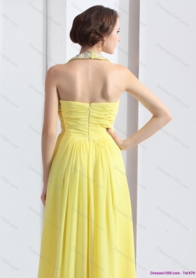 2015 Cheap Halter Top Yellow Prom Dress with Floor Length