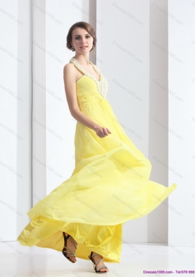 2015 Cheap Halter Top Yellow Prom Dress with Floor Length