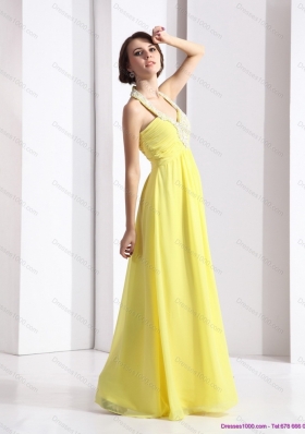 2015 Cheap Halter Top Yellow Prom Dress with Floor Length