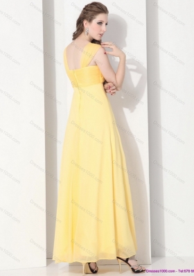 2015 Floor Length Prom Dresses with Ruching and Beading