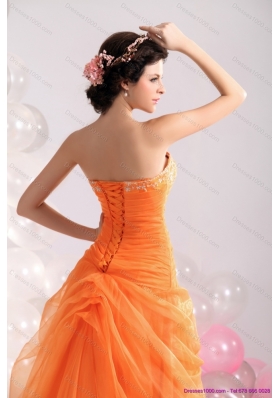 2015 Luxurious Strapless Orange Red Prom Dress with Hand Made Flowers and Beading