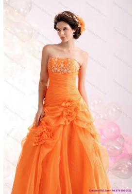 2015 Luxurious Strapless Orange Red Prom Dress with Hand Made Flowers and Beading