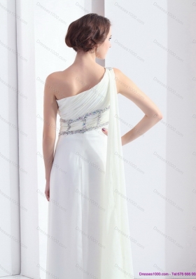 2015 New Style One Shoulder White Prom Dress with Watteau Train and Beading