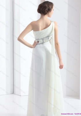 2015 New Style One Shoulder White Prom Dress with Watteau Train and Beading