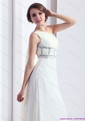 2015 New Style One Shoulder White Prom Dress with Watteau Train and Beading