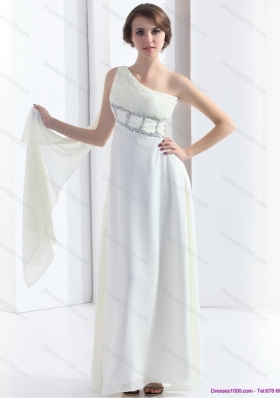 2015 New Style One Shoulder White Prom Dress with Watteau Train and Beading
