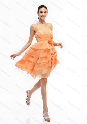 2015 Strapless Short Prom Dresses with Ruching and Hand Made Flower