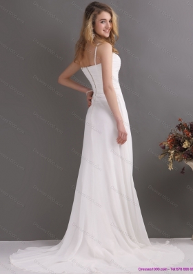 Affordable Ruching and High Slit 2015 Prom Dress in White