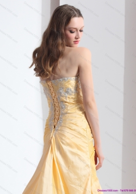 Brush Train Gold Prom Dresses with Ruching and Beading