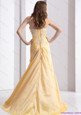 Brush Train Gold Prom Dresses with Ruching and Beading