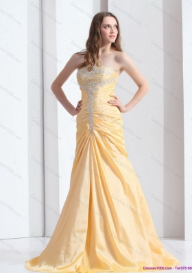 Brush Train Gold Prom Dresses with Ruching and Beading