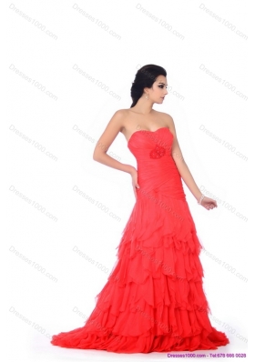 Brush Train Prom Dresses with Ruffled Layers and Beading