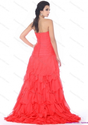 Brush Train Prom Dresses with Ruffled Layers and Beading