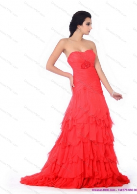 Brush Train Prom Dresses with Ruffled Layers and Beading