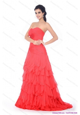 Brush Train Prom Dresses with Ruffled Layers and Beading