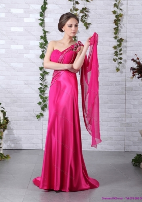 Elegant 2015 One Shoulder Fuchsia Prom Dress with Beading and Ruching