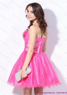 One Shoulder Hot Pink Short Prom Dresses with Ruching and Beading