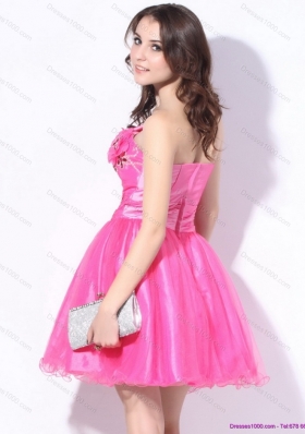 One Shoulder Hot Pink Short Prom Dresses with Ruching and Beading