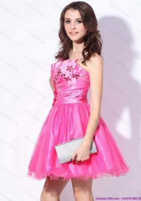 One Shoulder Hot Pink Short Prom Dresses with Ruching and Beading