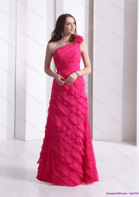 One Shoulder Prom Dresses with Ruffled Layers and Hand Made Flower