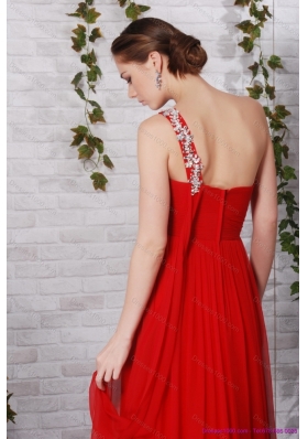 Popular 2015 One Shoulder Red Prom Dress with Beadings and Brush Train