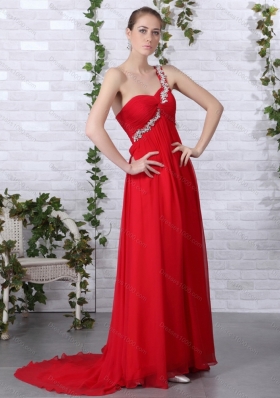 Popular 2015 One Shoulder Red Prom Dress with Beadings and Brush Train