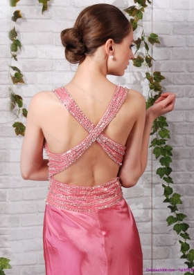 Rose Pink Beading Long Prom Dresses with Brush Train