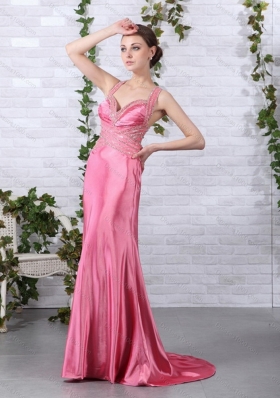 Rose Pink Beading Long Prom Dresses with Brush Train