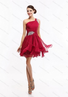 Sexy One Shoulder Ruching Mini Length Prom Dresses with Beading