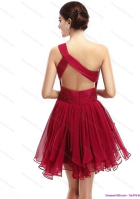 Sexy One Shoulder Ruching Mini Length Prom Dresses with Beading