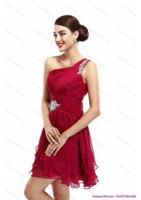 Sexy One Shoulder Ruching Mini Length Prom Dresses with Beading