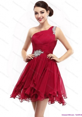 Sexy One Shoulder Ruching Mini Length Prom Dresses with Beading