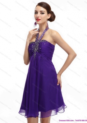 Sexy Purple Beading Halter Top 2015 Prom Dresses with Ruching