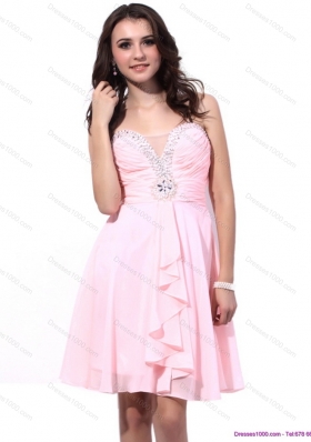 Short Baby Pink Prom Dresses with Beading and Ruching