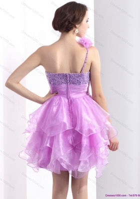 Short One Shoulder Lilac Prom Dresses with Beading and Hand Made Flower