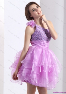 Short One Shoulder Lilac Prom Dresses with Beading and Hand Made Flower