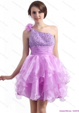 Short One Shoulder Lilac Prom Dresses with Beading and Hand Made Flower