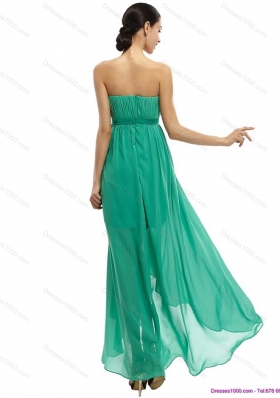 Turquoise High Low Beading Prom Dresses with Ruching and Bowknot