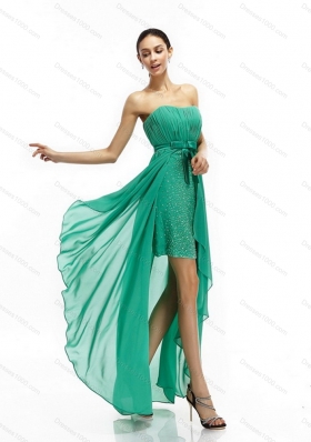 Turquoise High Low Beading Prom Dresses with Ruching and Bowknot