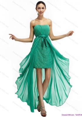 Turquoise High Low Beading Prom Dresses with Ruching and Bowknot