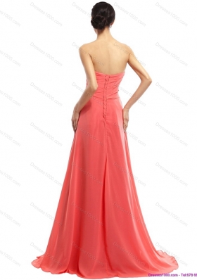 Watermelon Beading Long Prom Dresses with Ruching and Sweep Train