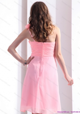 2015 Baby Pink One Shoulder Prom Dresses with Ruching and Hand Made Flowers