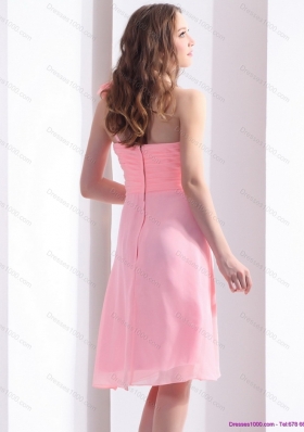 2015 Baby Pink One Shoulder Prom Dresses with Ruching and Hand Made Flowers