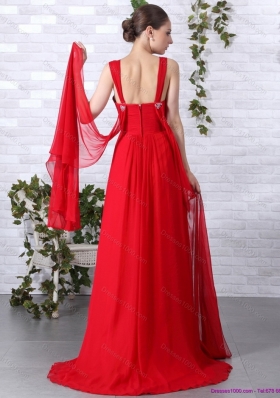 2015 Beautiful Empire Red Prom Dress with Brush Train and Beading